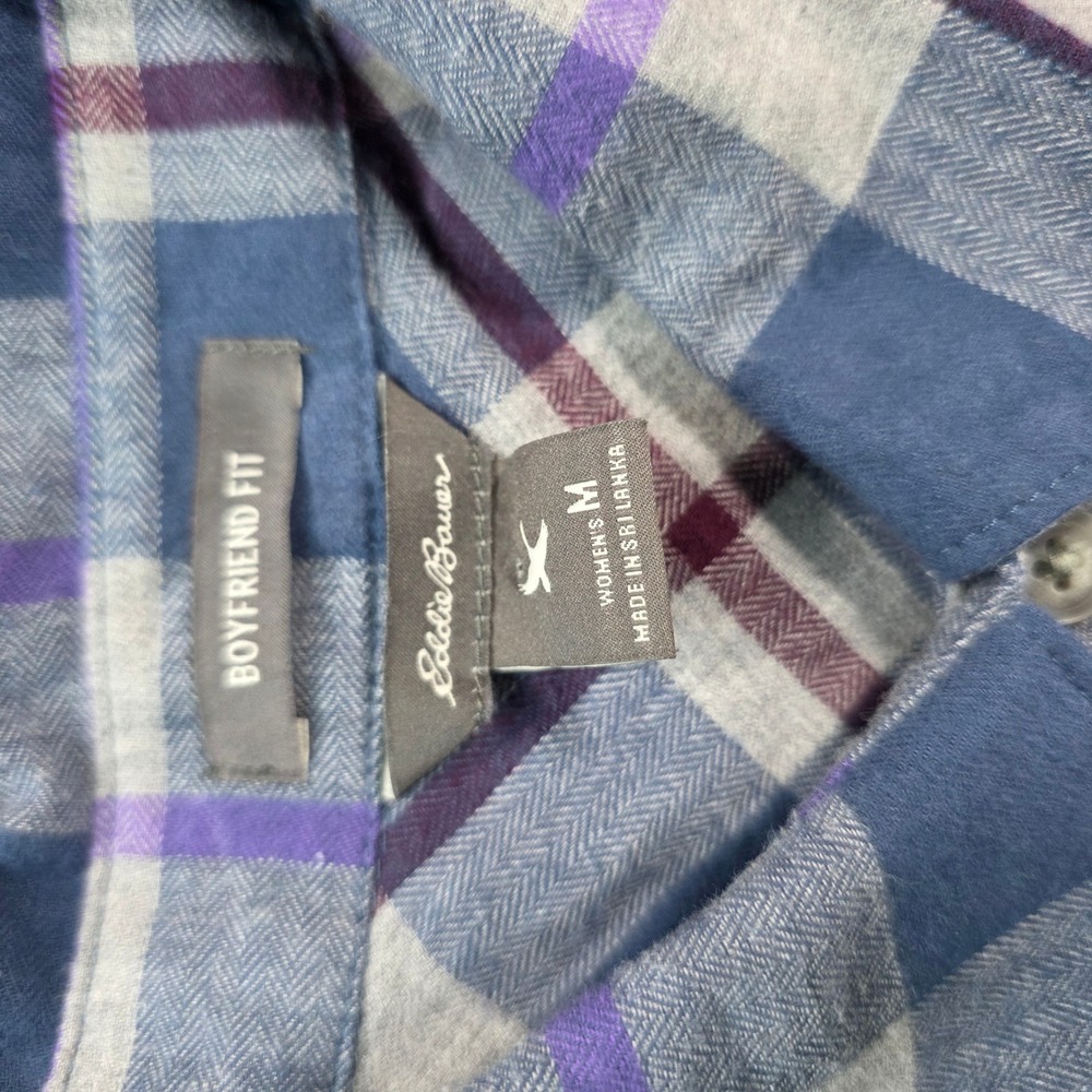 Eddie Bauer Womens Boyfriend Fit Flannel Shirt Blue Purple Plaid Medium M - Picture 7 of 9